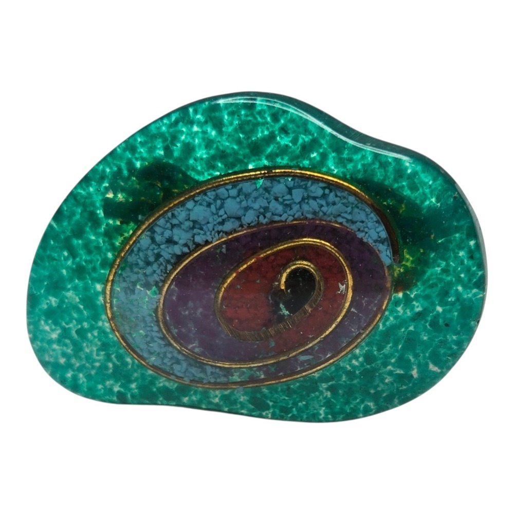 Vintage Brooch Resin Crushed Stone Green Spiral Artisan Mosaic Pin